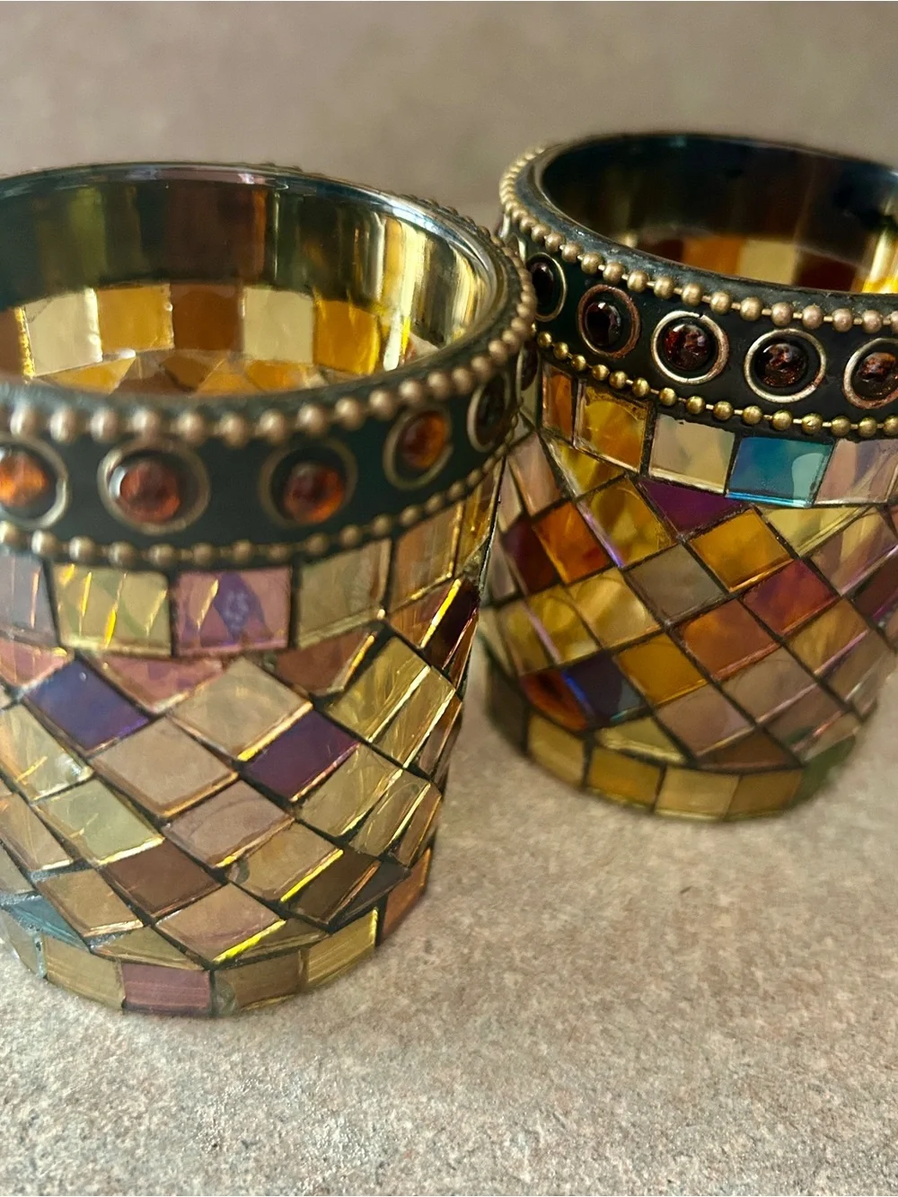 Iridescent Amber Mosaic Votive Holders - Set of 2
